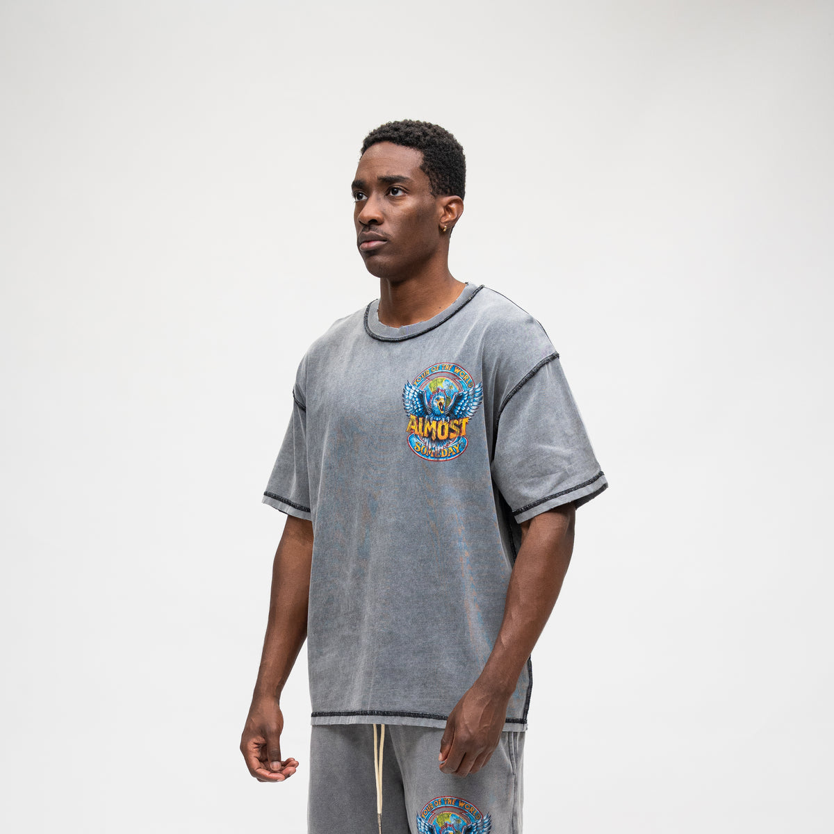 ALMOST SOMEDAY World Tee in Heavy Vintage Grey, detail view