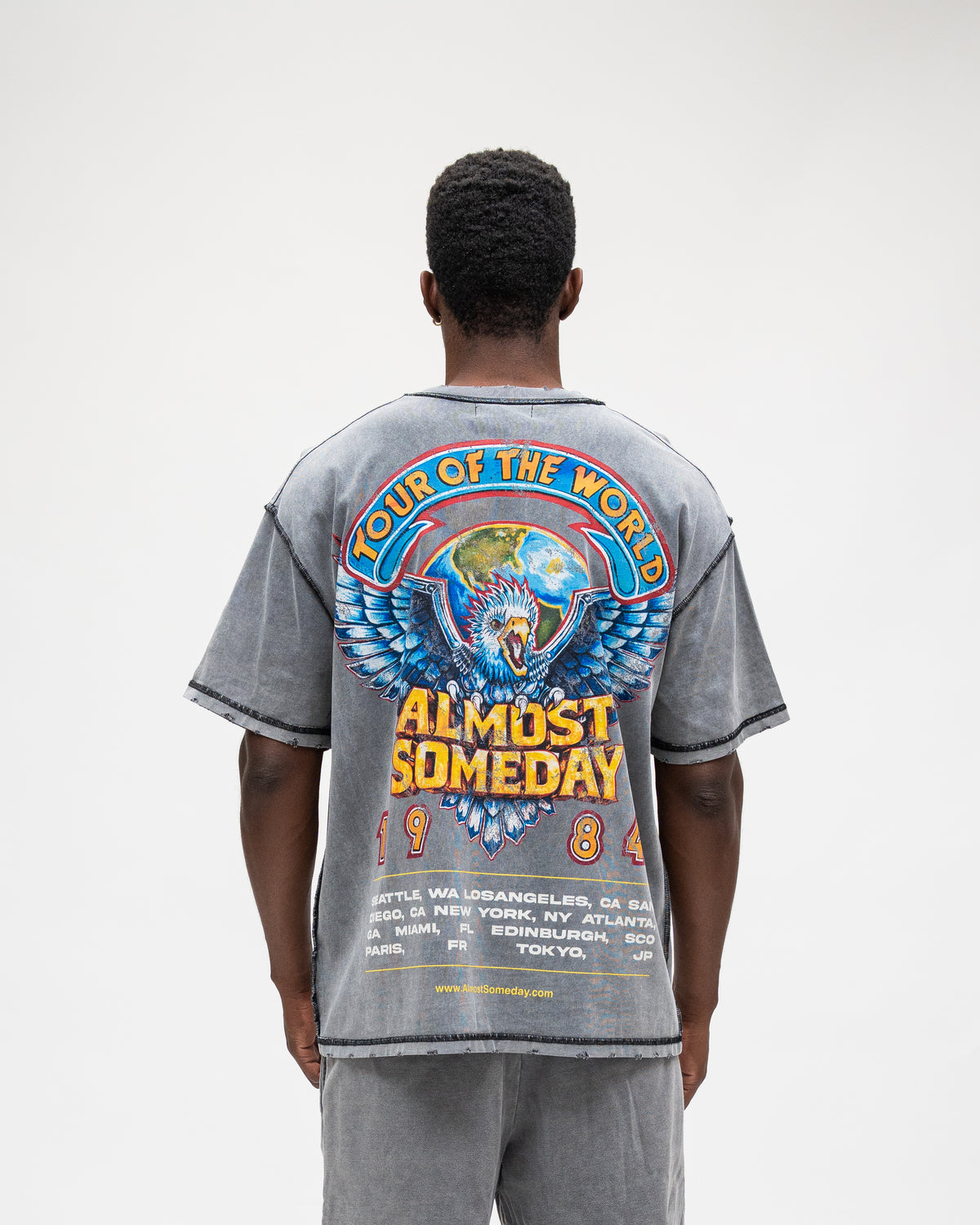 ALMOST SOMEDAY World Tee in Heavy Vintage Grey, back view