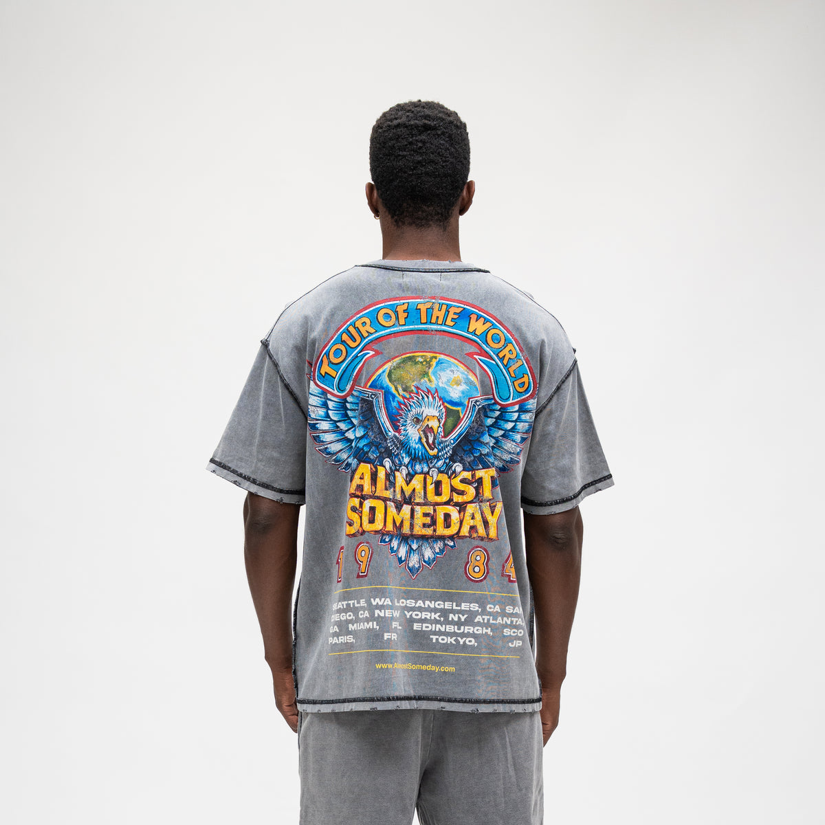 ALMOST SOMEDAY World Tee in Heavy Vintage Grey, back view