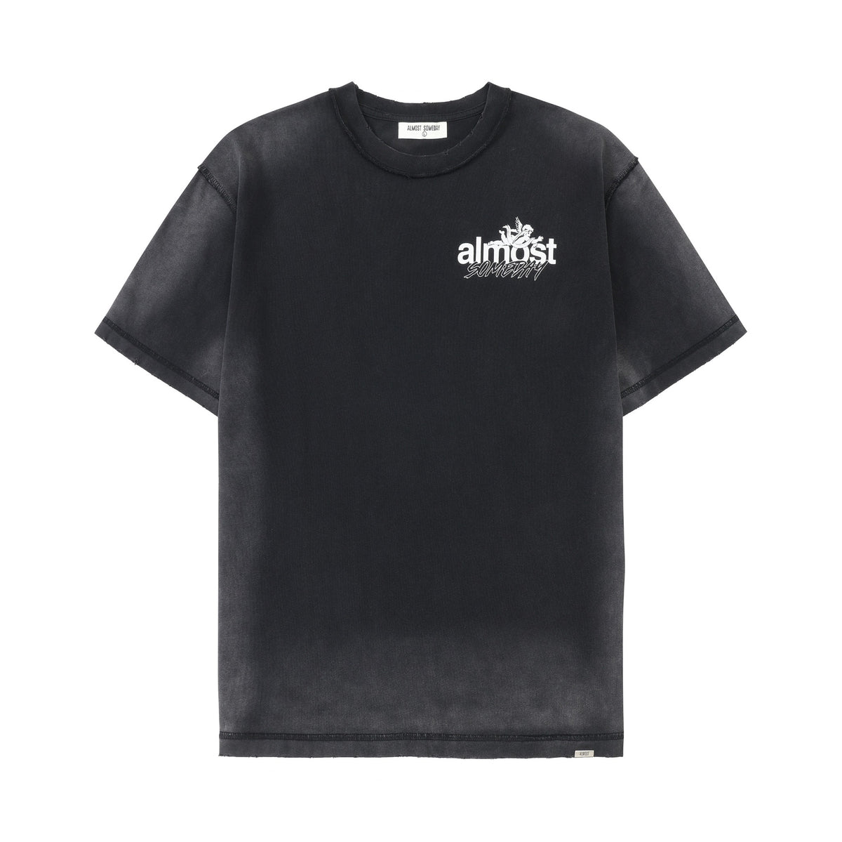 Enemies Tee – Black – Front flat lay showing white chest logo, crewneck, and short sleeves
