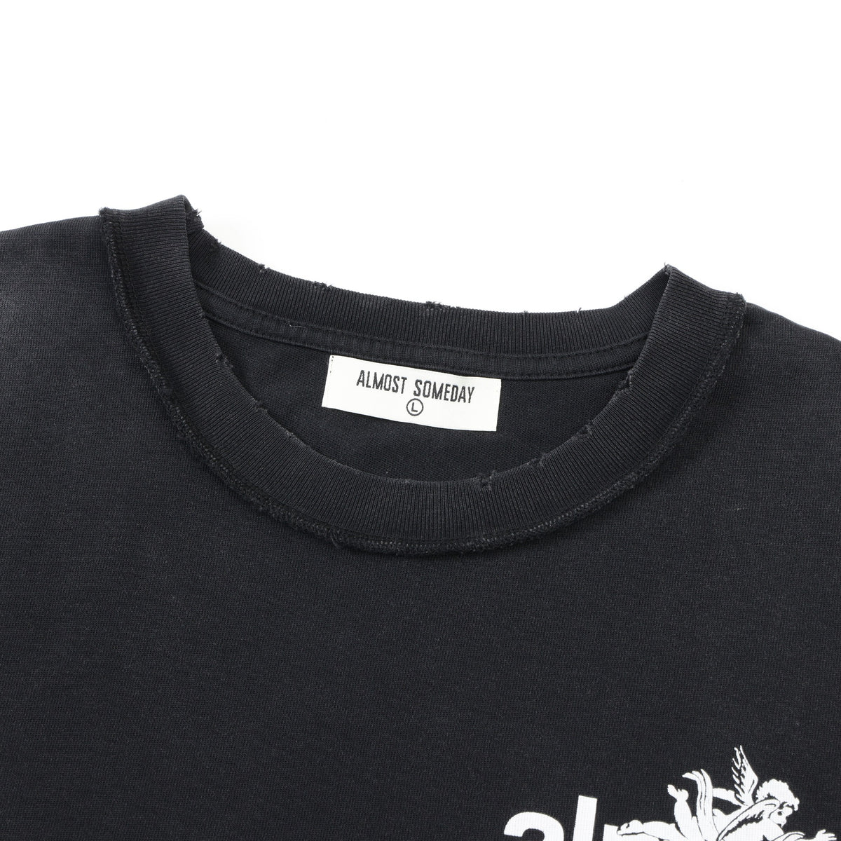 Enemies Tee – Black – Close-up of ribbed crewneck and interior ALMOST SOMEDAY label