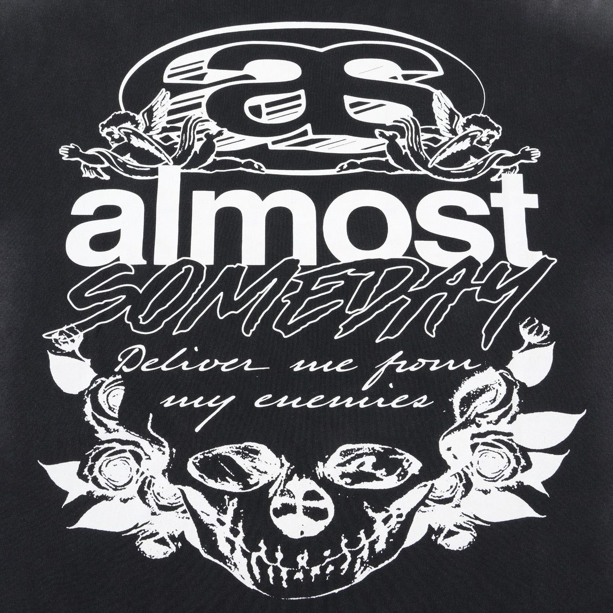 Enemies Tee – Black – Close-up of back artwork with skull, roses, cherubs, and Deliver me from my enemies lettering