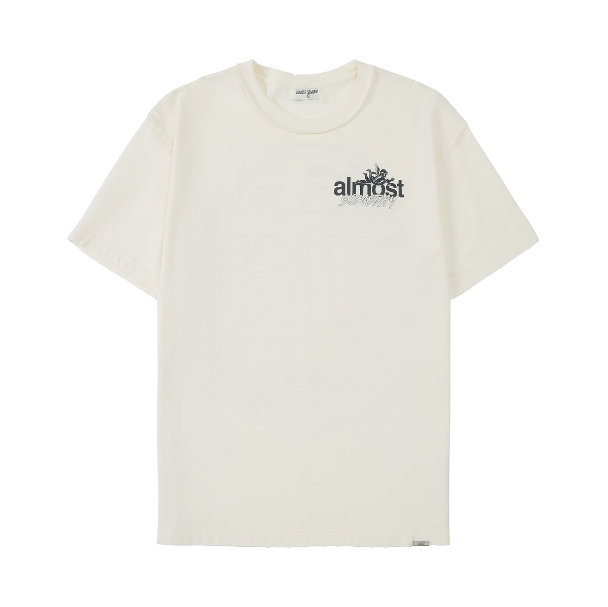 Enemies Tee – Cream – Front flat lay showing black chest logo, crewneck, and short sleeves