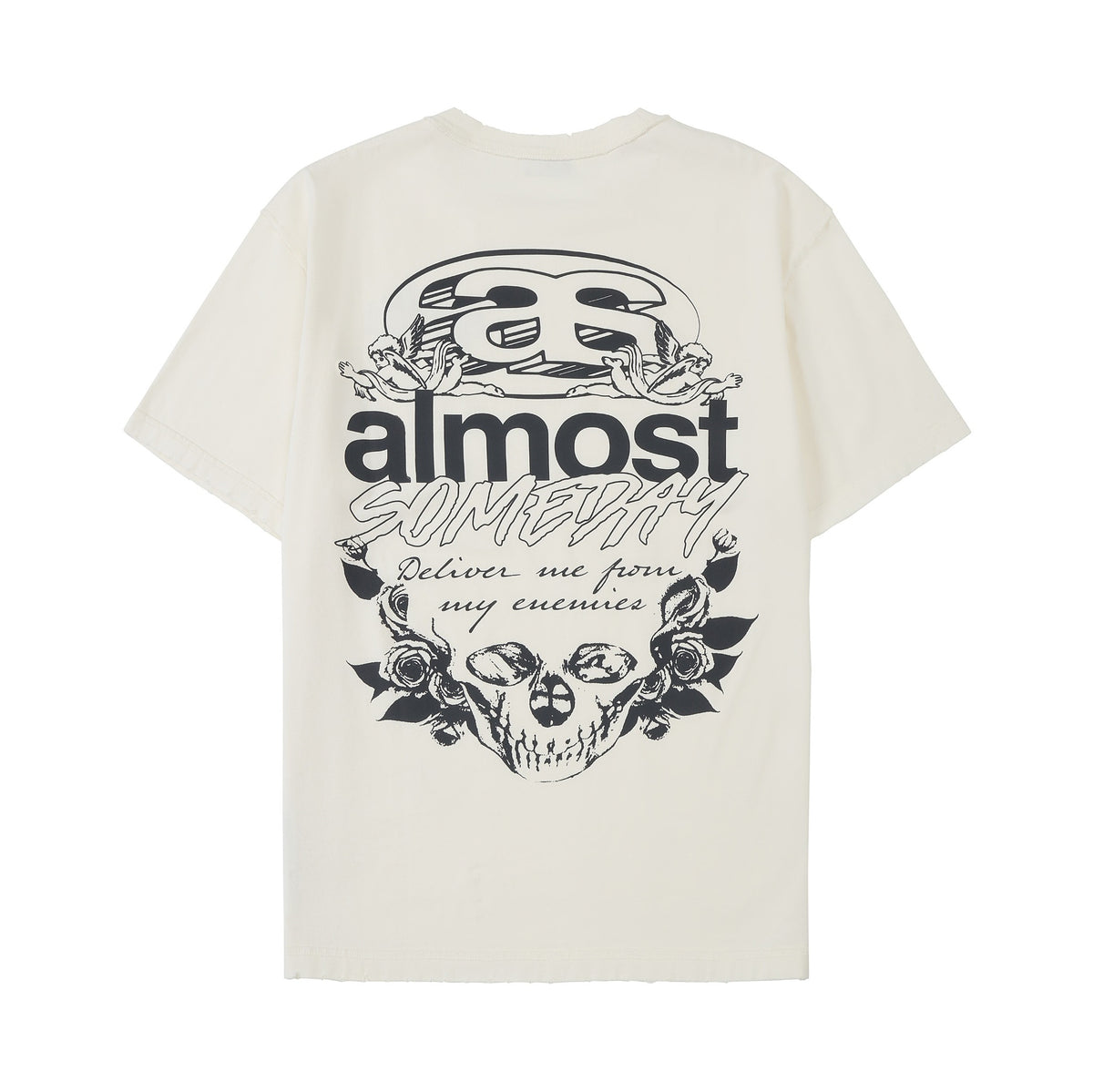 Enemies Tee – Cream – Back flat lay showing black ALMOST SOMEDAY lettering, cherubs, roses, and skull artwork