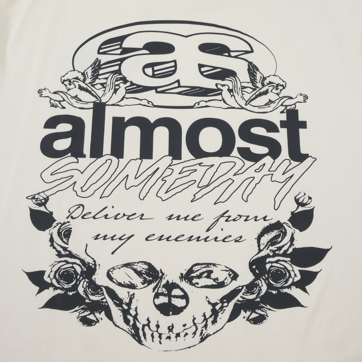 Enemies Tee – Cream – Close-up of back artwork with skull, roses, cherubs, and Deliver me from my enemies lettering