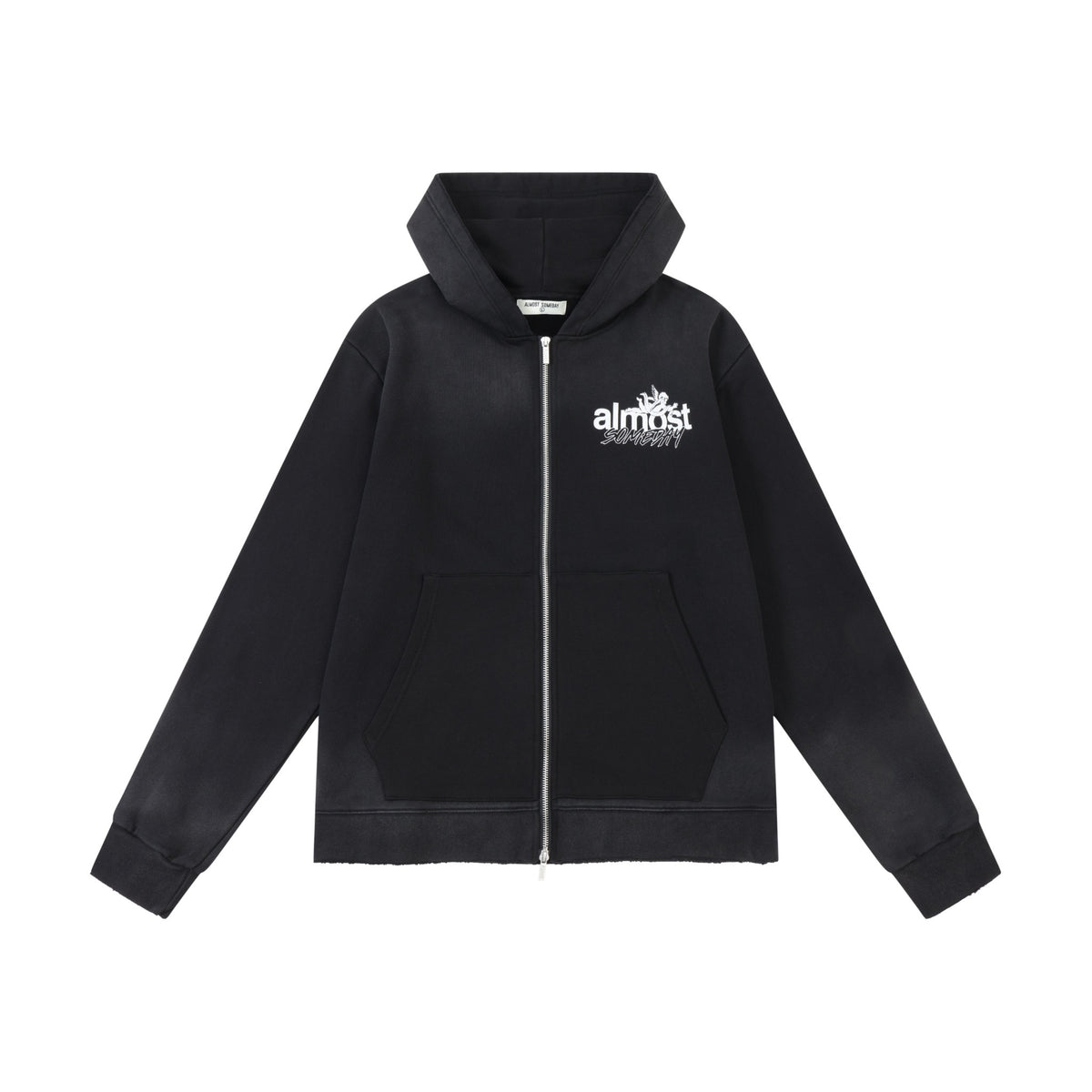 Enemies Zip Hoodie – Black – Front flat lay showing full zipper, hood, white chest logo, and front pocket detail