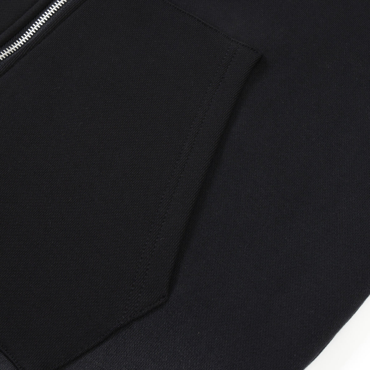 Enemies Zip Hoodie – Black – Close-up of front pocket opening and silver-tone zipper teeth