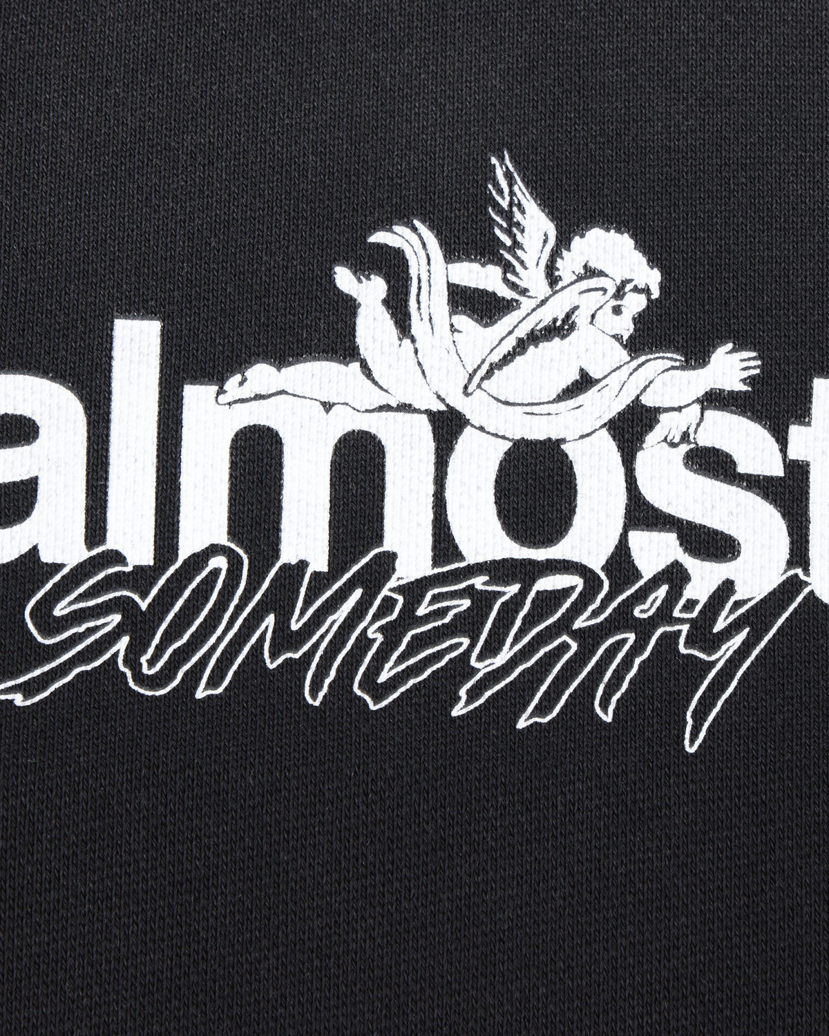Enemies Zip Hoodie – Black – Close-up of white ALMOST SOMEDAY chest lettering and winged figure logo