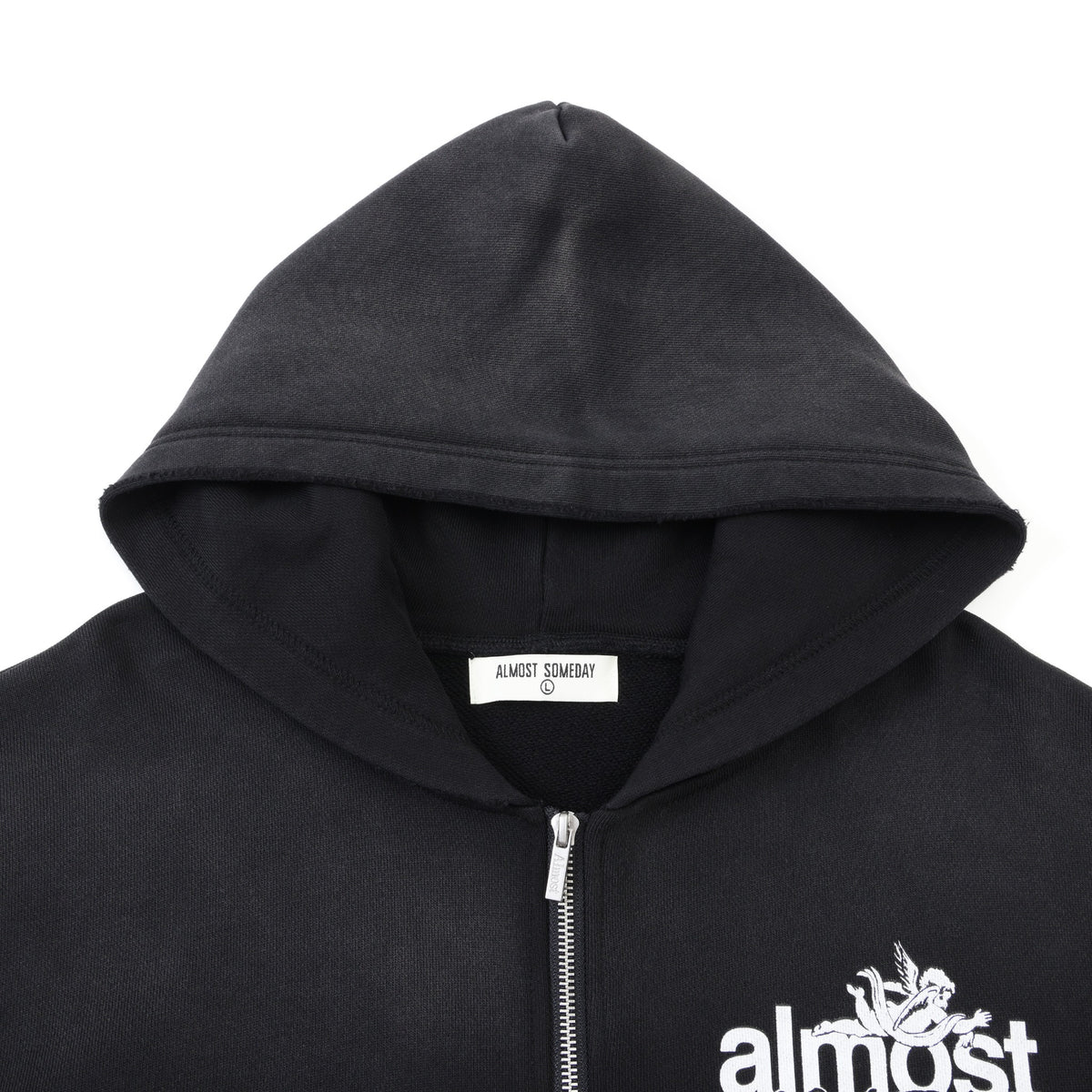 Enemies Zip Hoodie – Black – Close-up of hood, interior ALMOST SOMEDAY label, and zipper pull