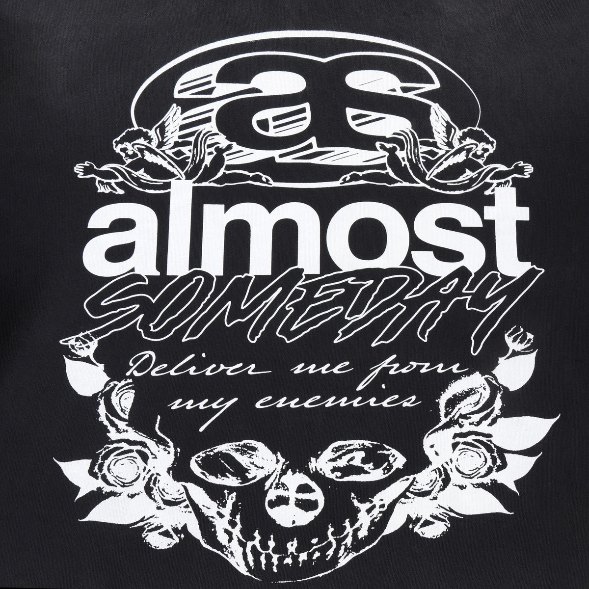 Enemies Zip Hoodie – Black – Close-up of back artwork with skull, roses, cherubs, and Deliver me from my enemies lettering