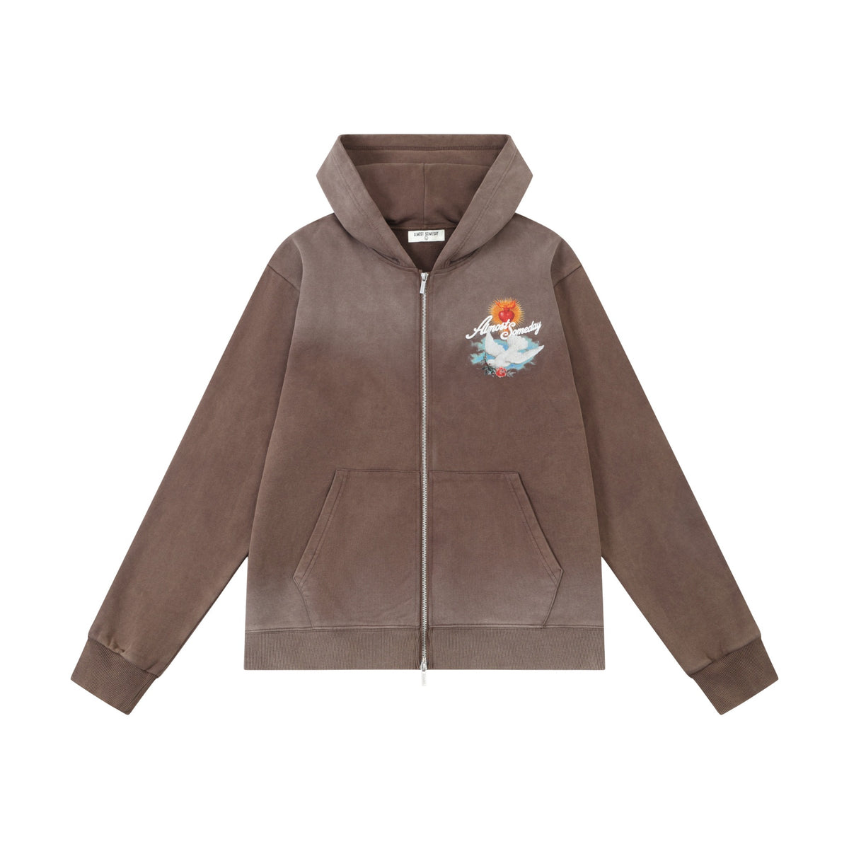 Fountain Hoodie – Brown – Front flat lay showing hood, full zipper, chest artwork, and split front pockets