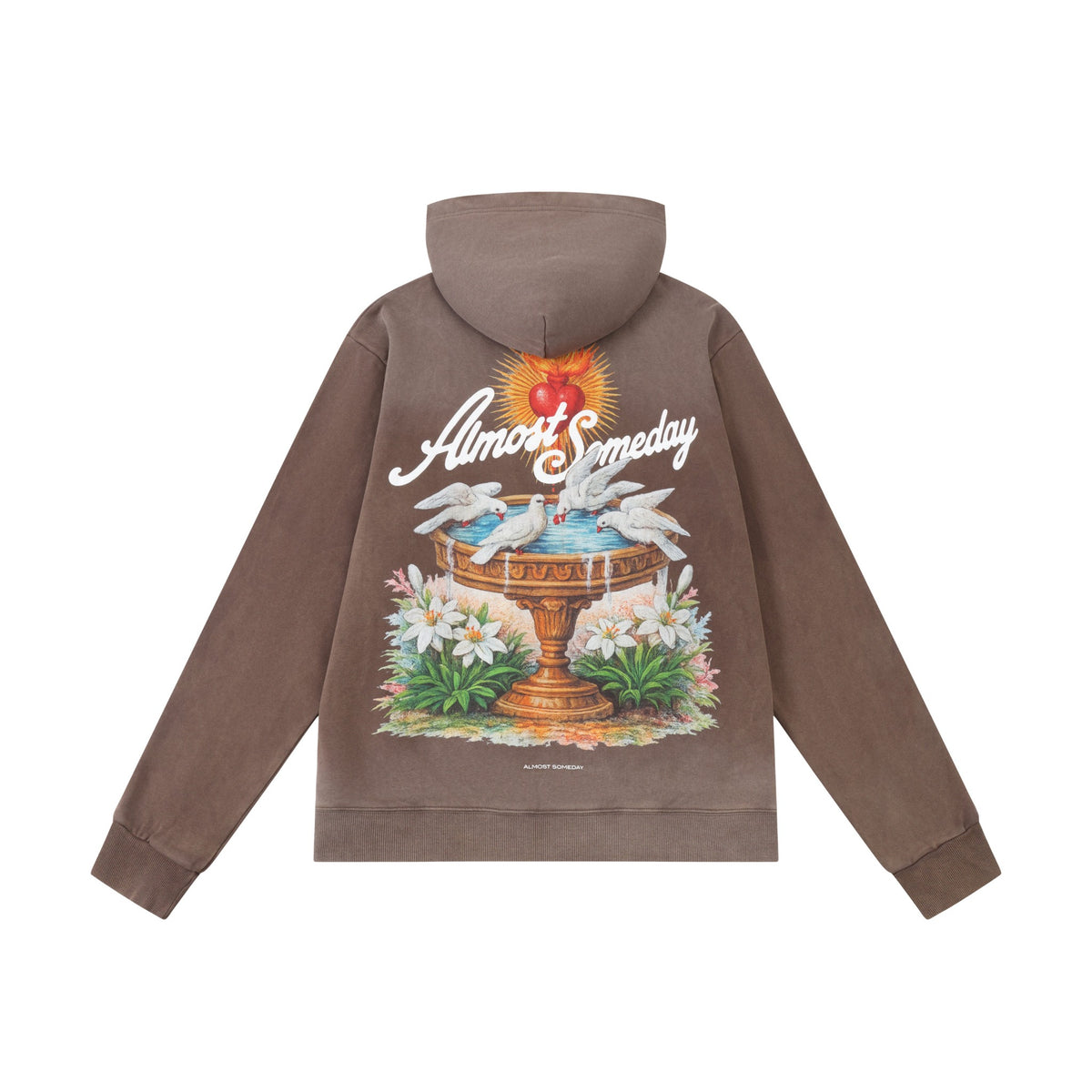 Fountain Hoodie – Brown – Back flat lay showing hood and large fountain graphic with doves, flowers, and flaming heart