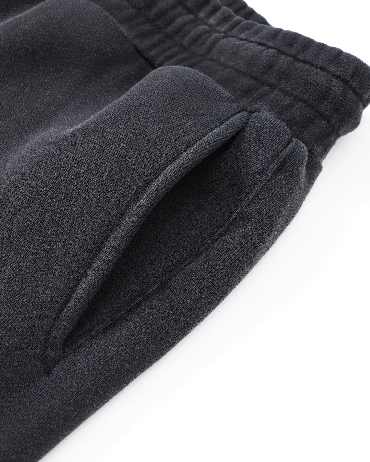 League Flare Sweatpants – Black – Close-up of side pocket opening and elastic waistband