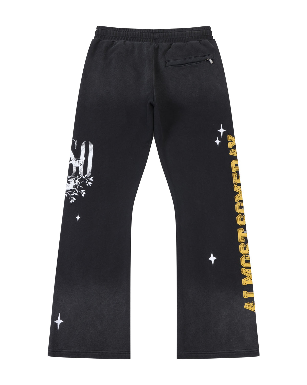 League Flare Sweatpants – Black – Back flat lay showing zippered pocket, flared legs, and contrasting side graphics