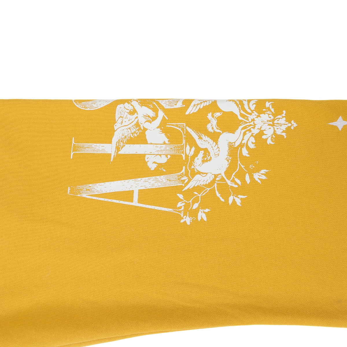 League Flare Sweatpants – Yellow – Close-up of white leg graphic with lettering, cherub, and winged figures