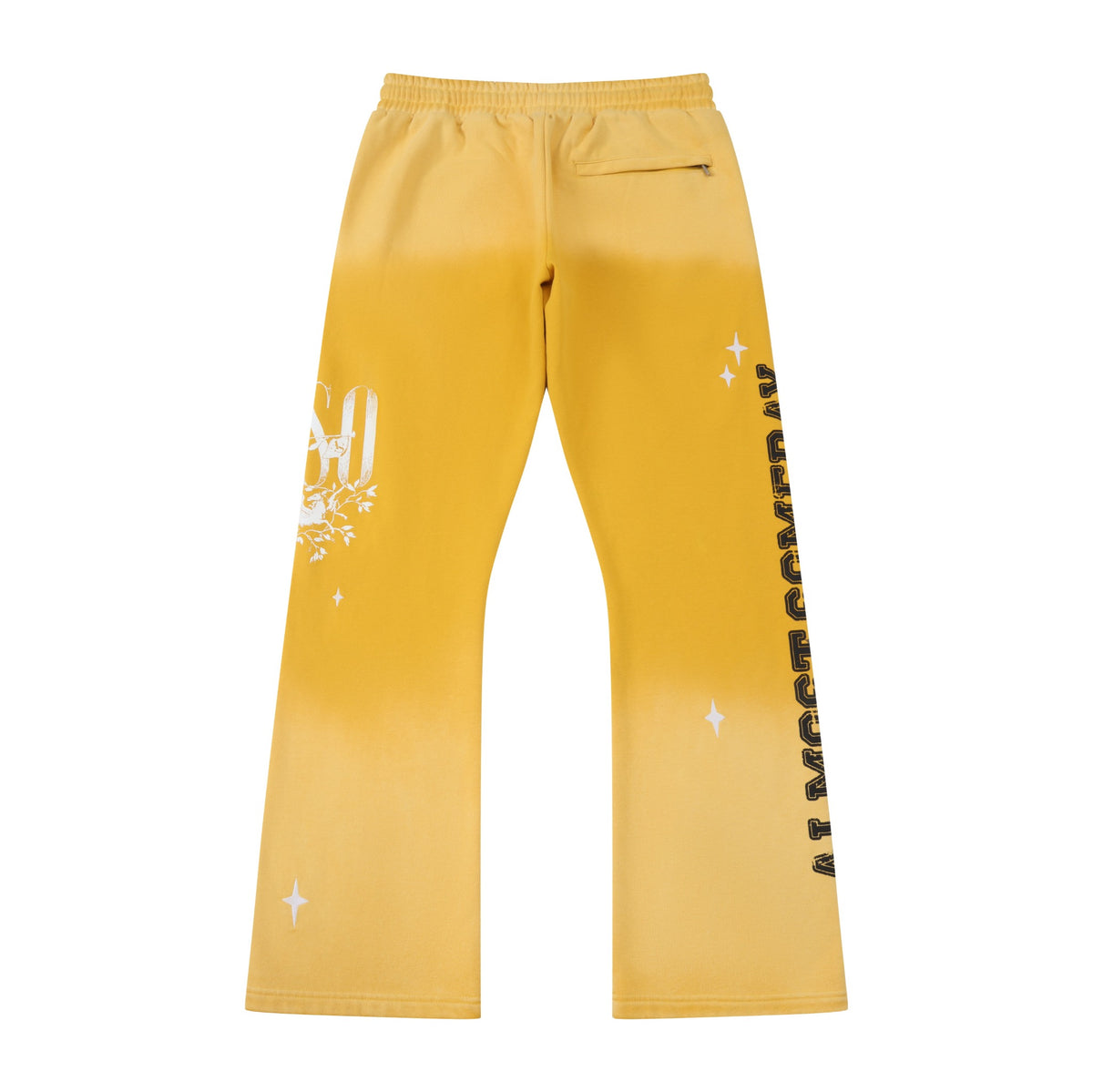 League Flare Sweatpants – Yellow – Back flat lay showing zippered pocket, flared legs, and contrasting side graphics