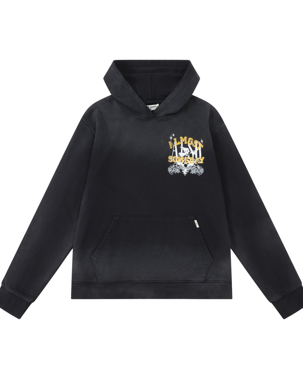League Hoodie – Black – Front flat lay showing chest graphic, hood, and kangaroo pocket