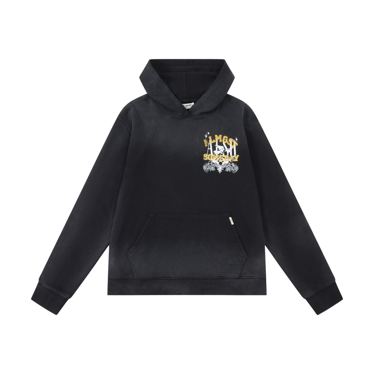 League Hoodie – Black – Front flat lay showing chest graphic, hood, and kangaroo pocket