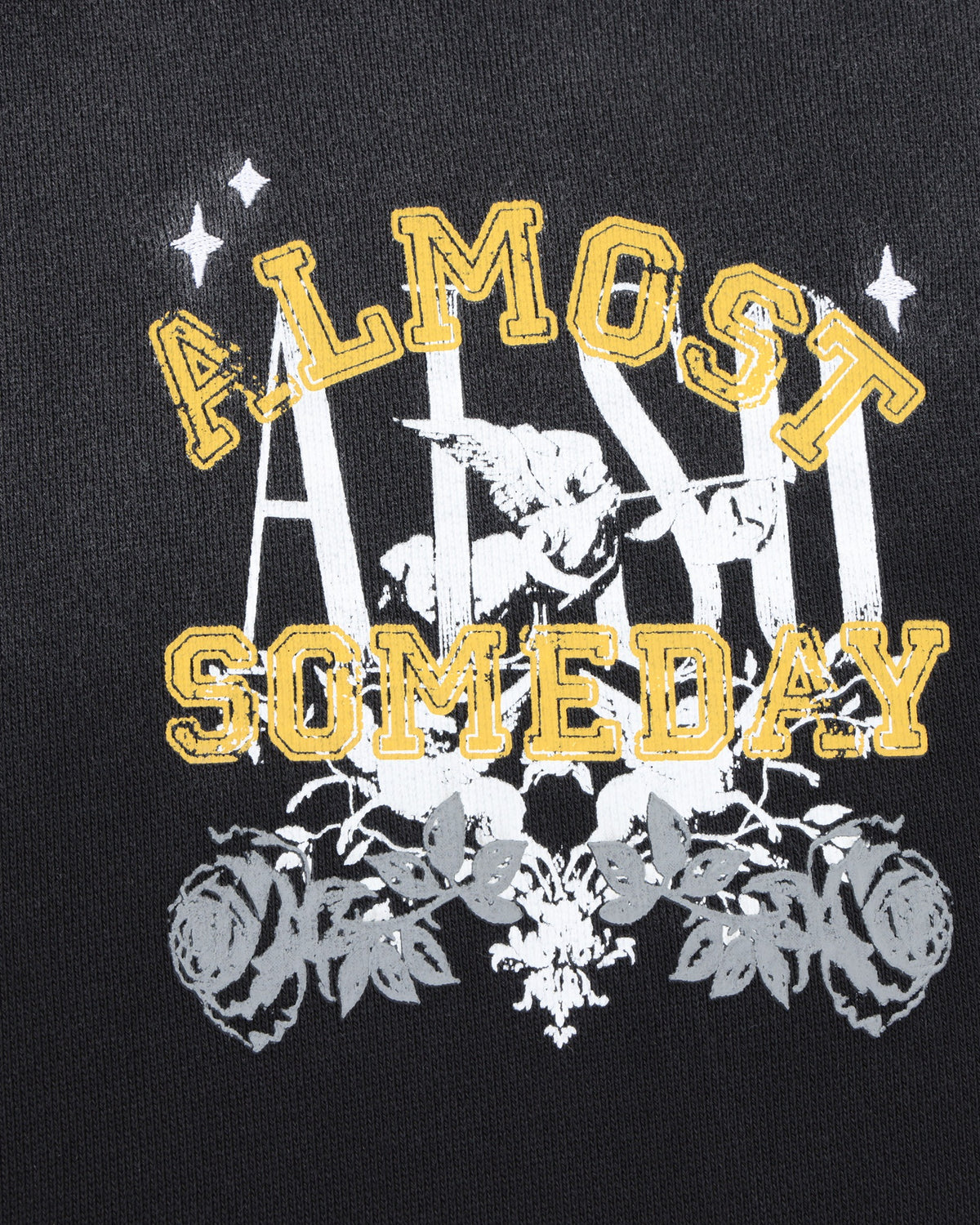 League Hoodie – Black – Close-up of yellow lettering, white cherub, and grey roses on chest