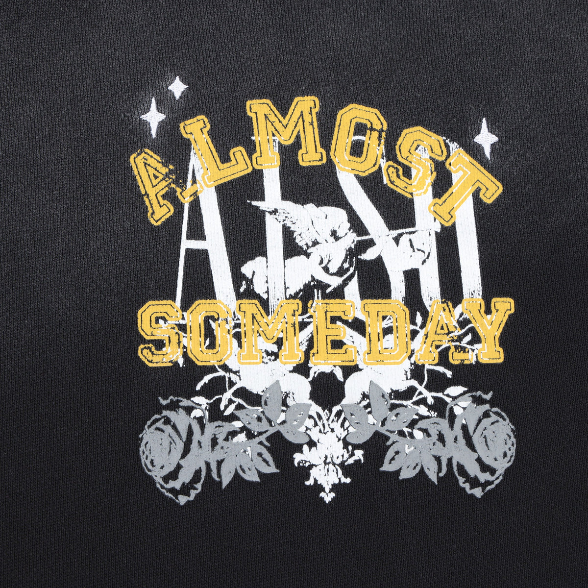League Hoodie – Black – Close-up of yellow lettering, white cherub, and grey roses on chest