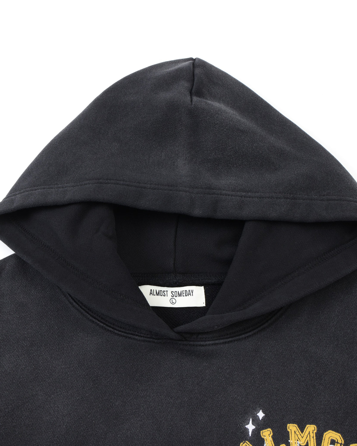 League Hoodie – Black – Close-up of hood and interior ALMOST SOMEDAY label