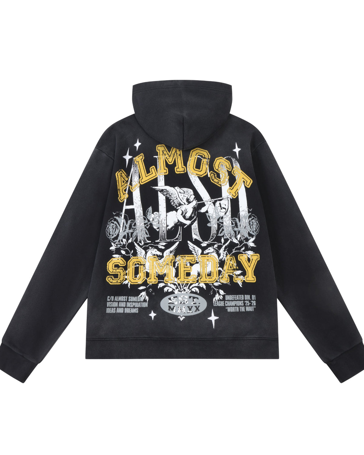 League Hoodie – Black – Back flat lay showing large yellow, white, and grey graphic