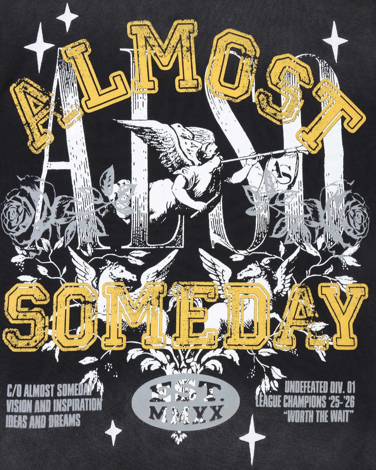 League Hoodie – Black – Close-up of back graphic with ALMOST SOMEDAY lettering, cherub, roses, and stars