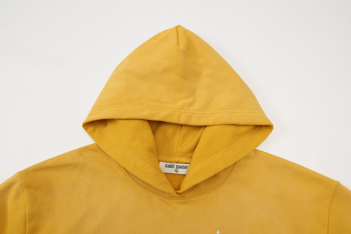 League Hoodie – Yellow – Close-up of hood and interior ALMOST SOMEDAY label