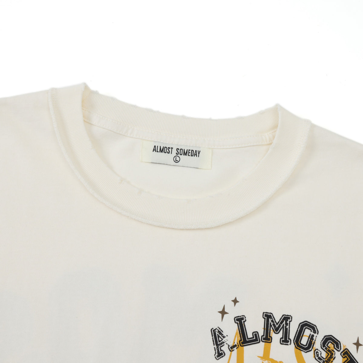 League Tee – Cream – Close-up of crew neckline and interior brand label