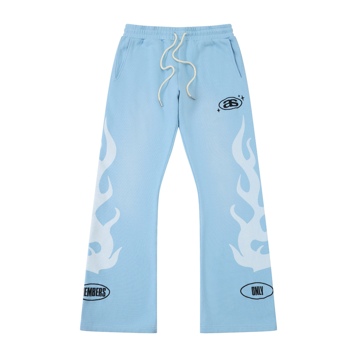 Members Flare Sweatpants – Light Blue – Front flat lay showing cream drawstrings, white flames, and flared legs