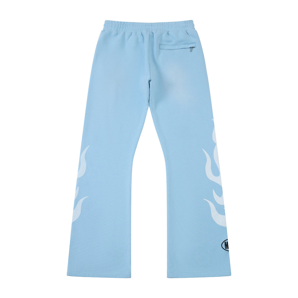 Members Flare Sweatpants – Light Blue – Back flat lay showing zippered pocket, white flames, and flared legs