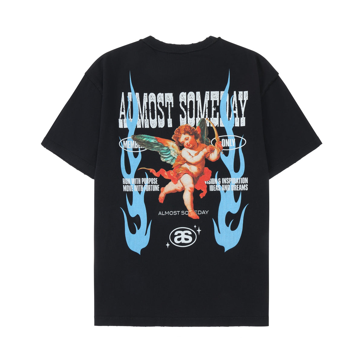 Members Tee – Black – Back flat lay showing large cherub artwork, blue flames, and Almost Someday lettering