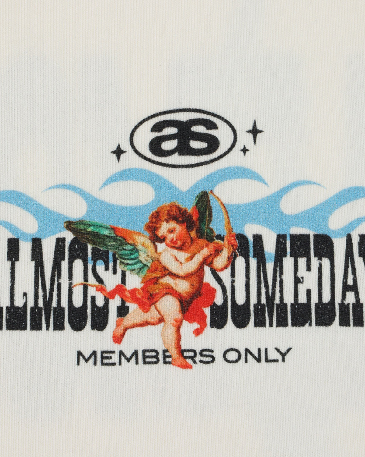 Members Tee – Cream – Close-up of chest cherub artwork, blue flames, and Members Only lettering