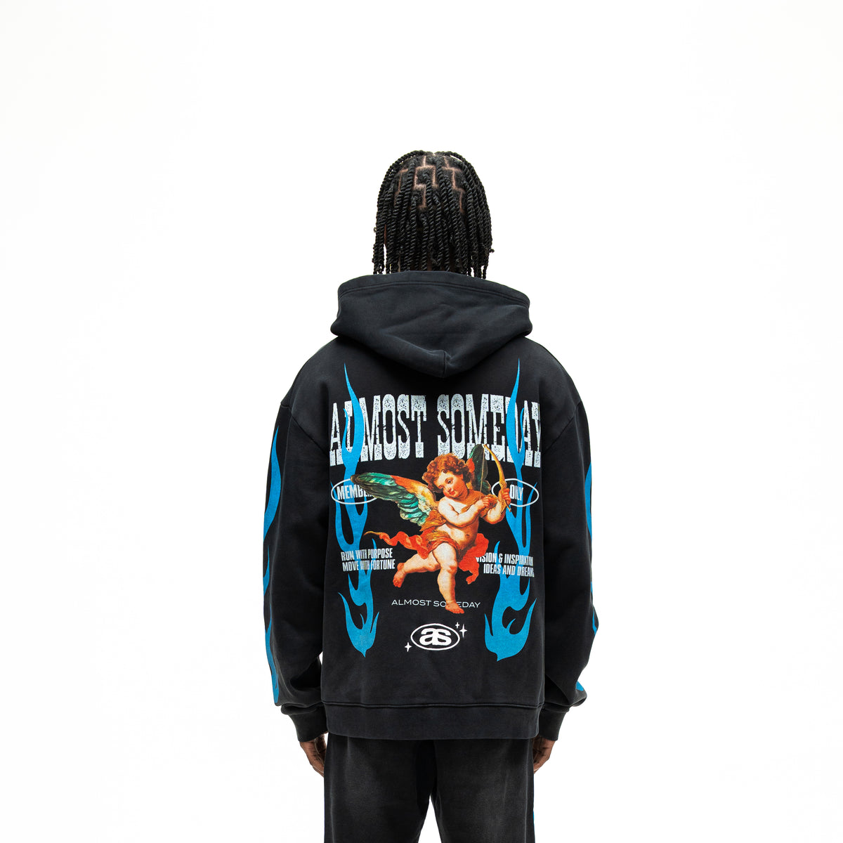 Members Zip Hoodie – Black – Back view on model showing hood, winged cherub with bow, blue flames, and Almost Someday lettering
