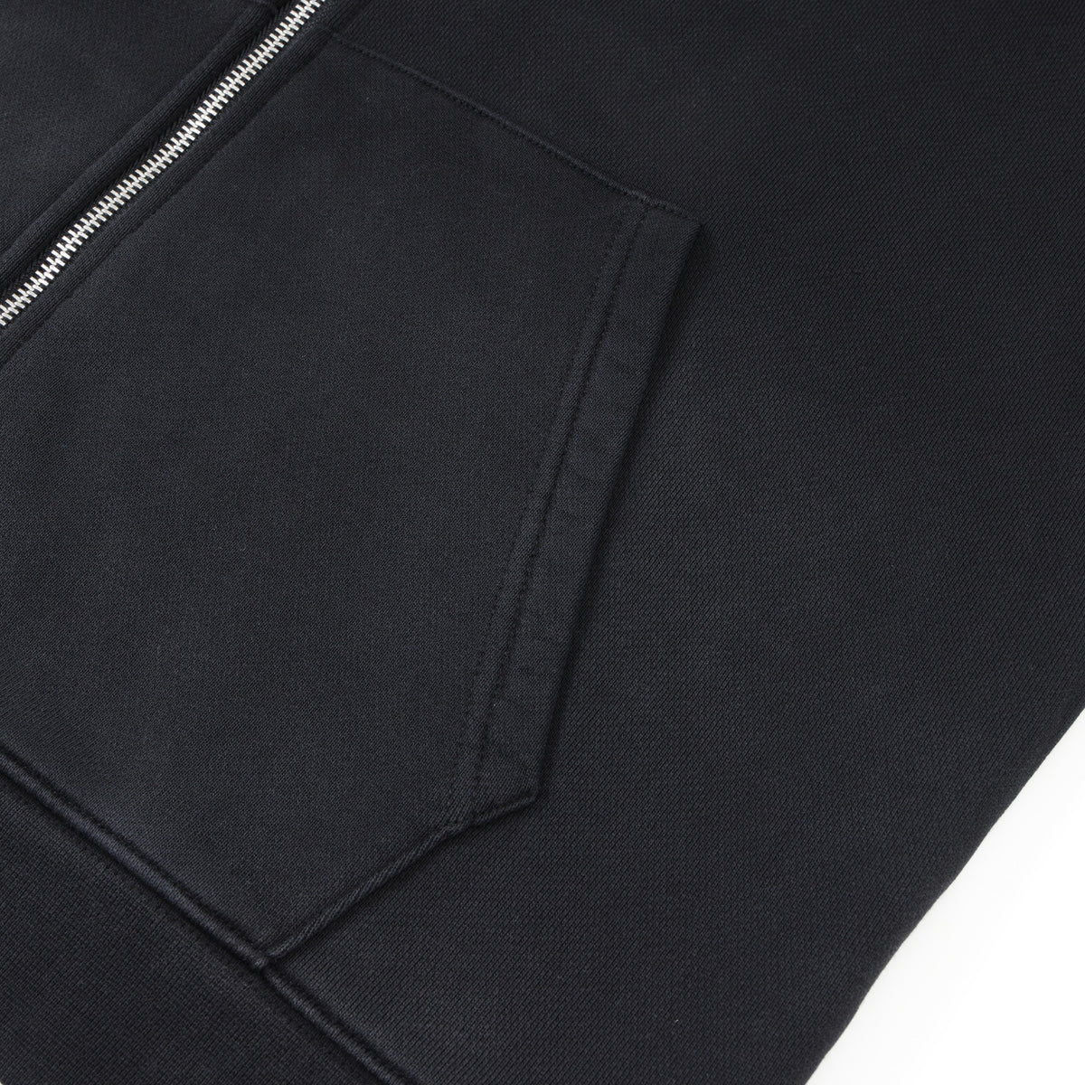 Members Zip Hoodie – Black – Close-up of front pocket and silver zipper teeth