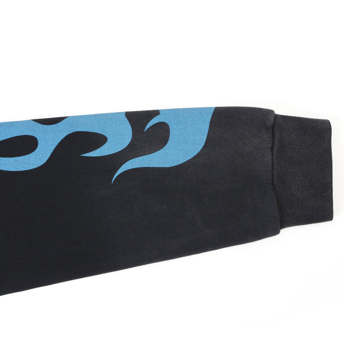 Members Zip Hoodie – Black – Sleeve detail showing blue flame graphic and ribbed cuff