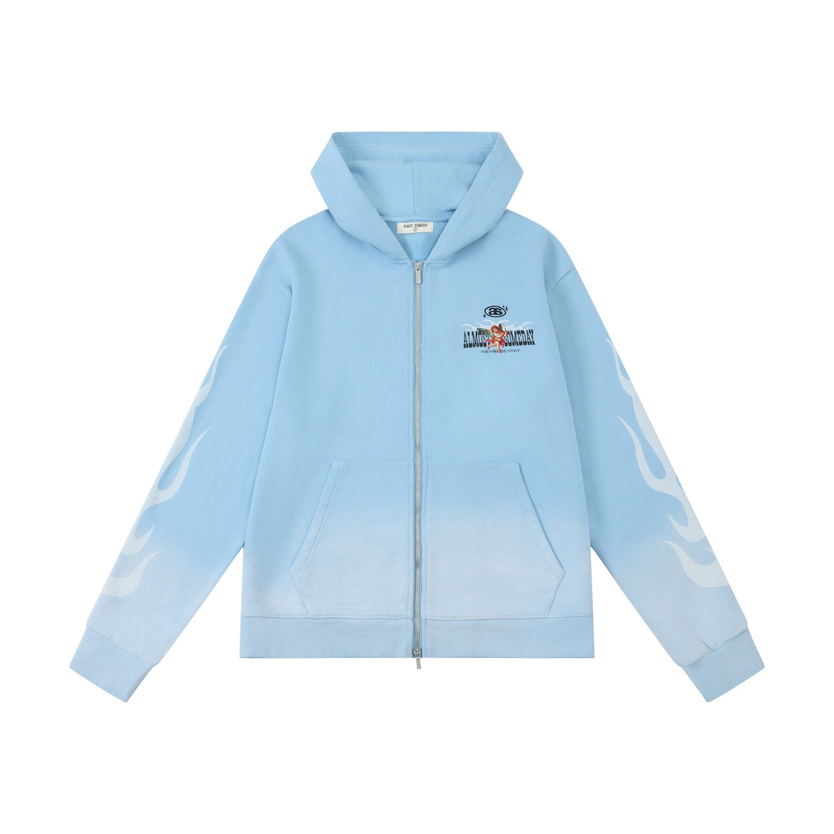 Members Zip Hoodie – Light Blue – Front flat lay showing zip closure, chest artwork, and white sleeve flames
