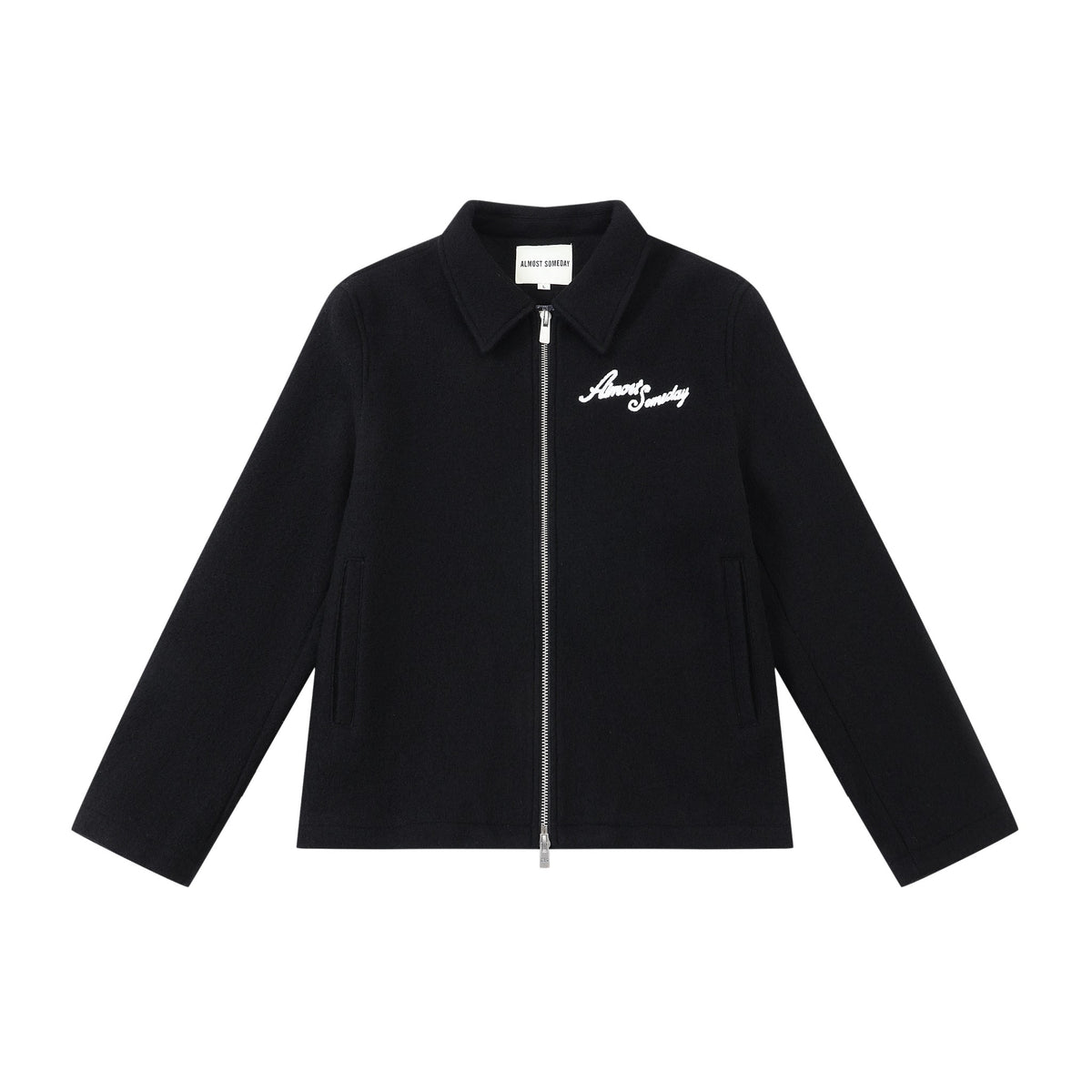 Saint Cropped Wool Jacket – Black – Front flat lay showing collar, zip closure, and welt pockets