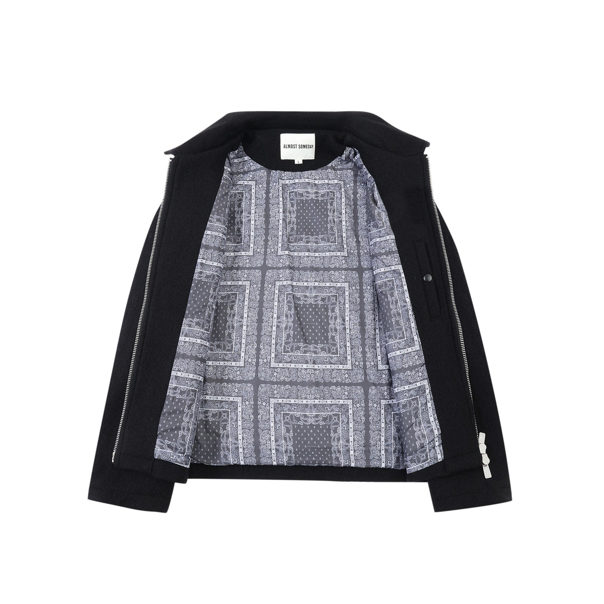 Saint Cropped Wool Jacket – Black – Open front flat lay showing patterned lining and interior pocket
