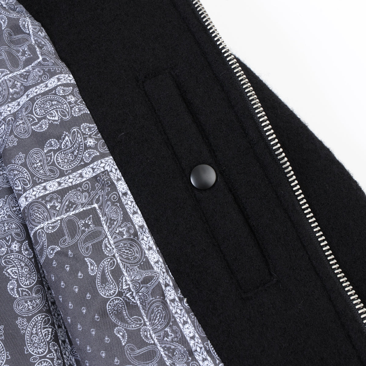 Saint Cropped Wool Jacket – Black – Close-up of interior snap pocket, paisley lining, and zipper teeth