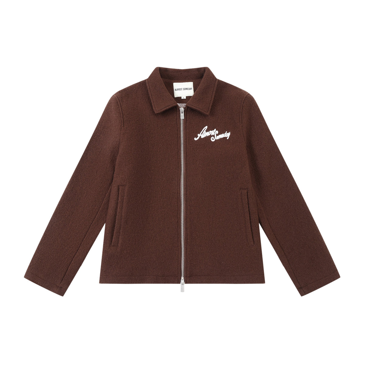 Saint Cropped Wool Jacket – Brown – Front flat lay showing collar, zip closure, and welt pockets