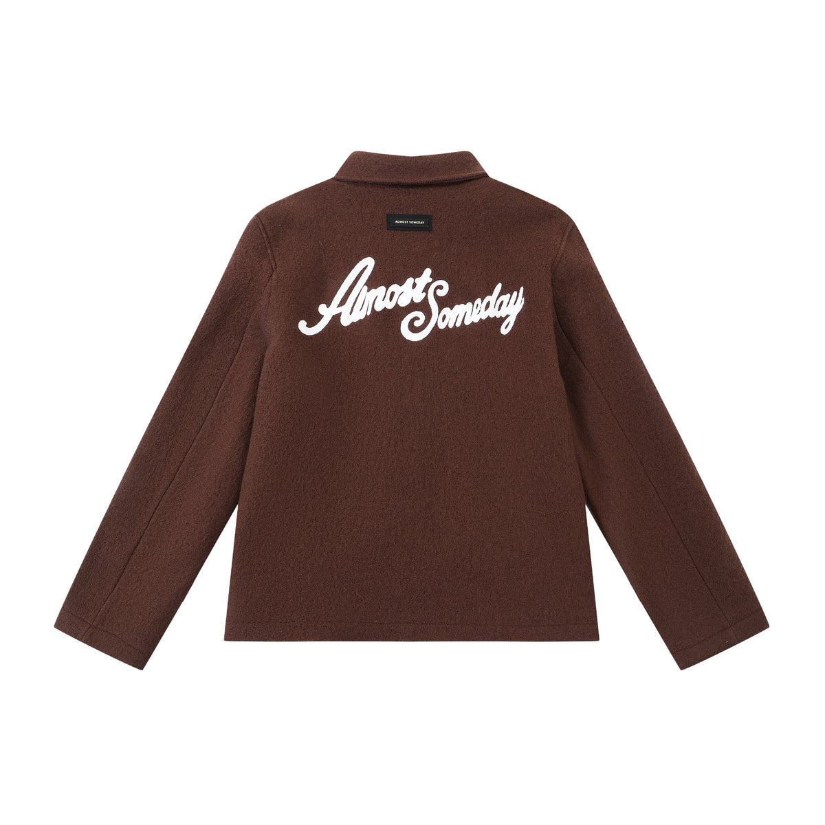 Saint Cropped Wool Jacket – Brown – Back flat lay showing large white Almost Someday script