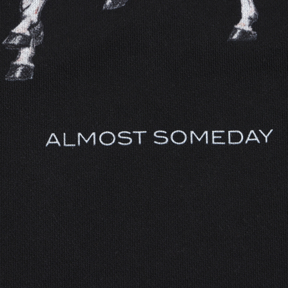 Smoke Crewneck – Black – Close-up of Almost Someday lettering beneath the horse graphic