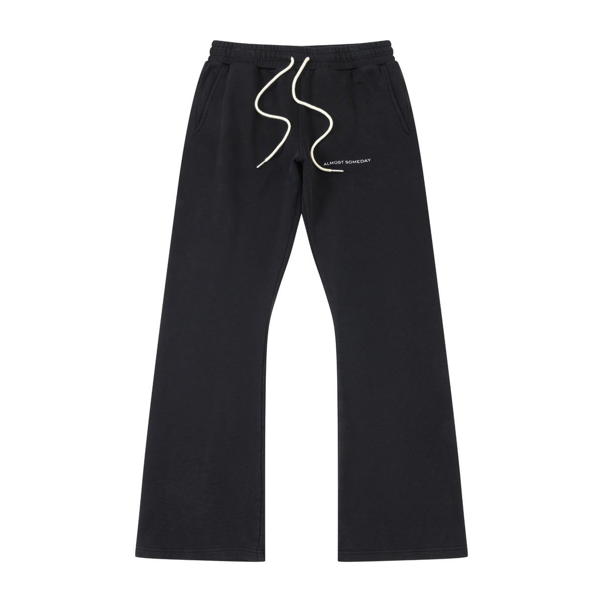 Smoke Flare Bottoms – Black – Front flat lay showing elastic waistband, cream drawstrings, white thigh logo, and flared legs