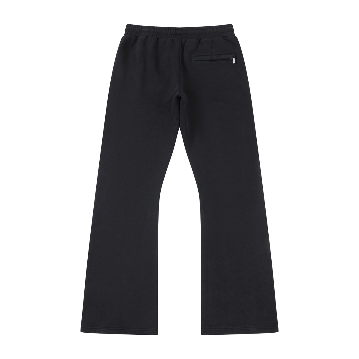 Smoke Flare Bottoms – Black – Back flat lay showing elastic waistband, rear welt pocket, and flared legs