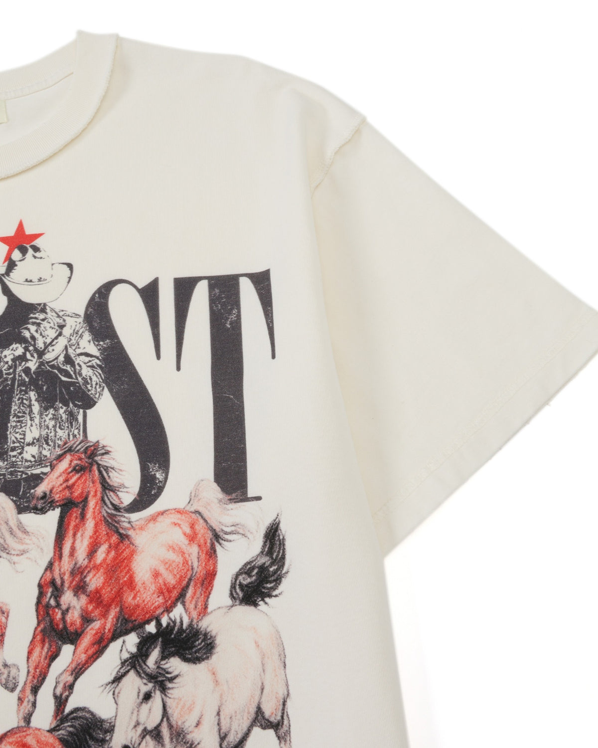 Smoke Tee – Cream – Close-up of short sleeve, shoulder seam, and partial cowboy and horse artwork