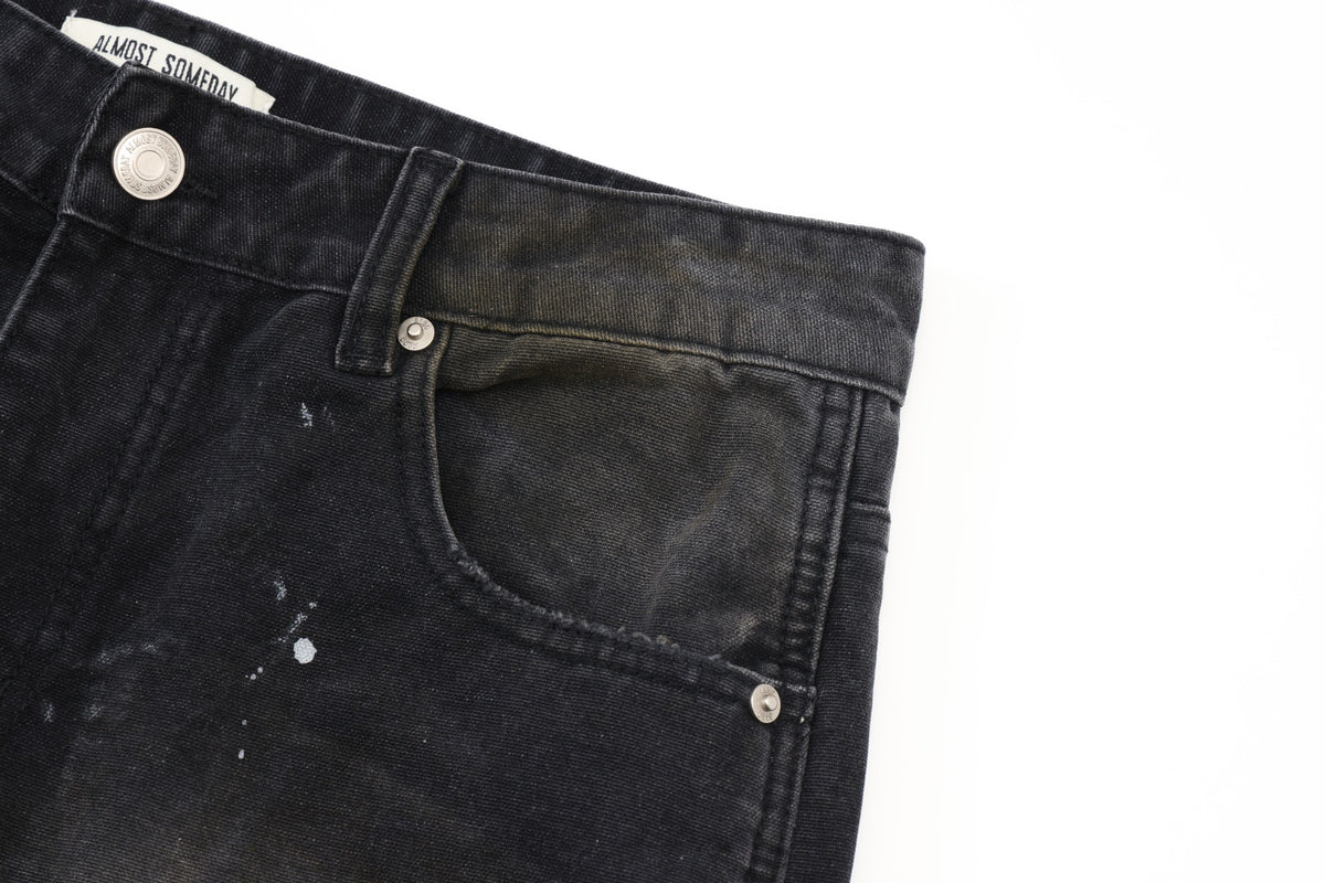 Spade Pants – Black – Close-up of front pocket, belt loop, silver-tone rivets, and Almost Someday waistband label