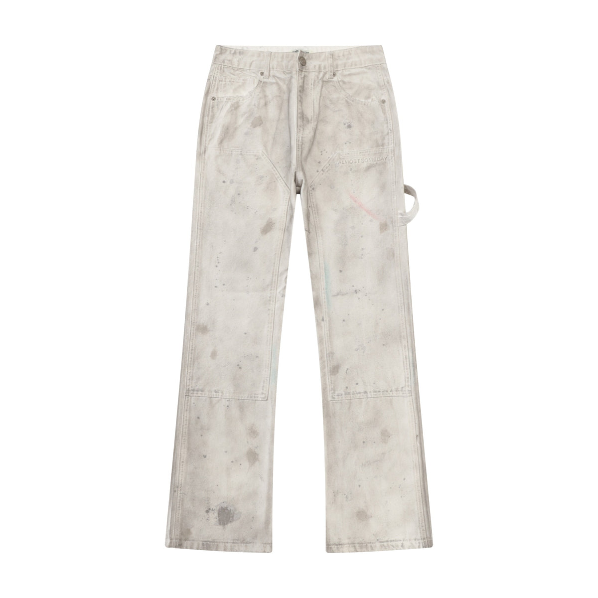 Spade Pants – Cream – Front flat lay showing button waistband, front pockets, paneled legs, and side utility loop