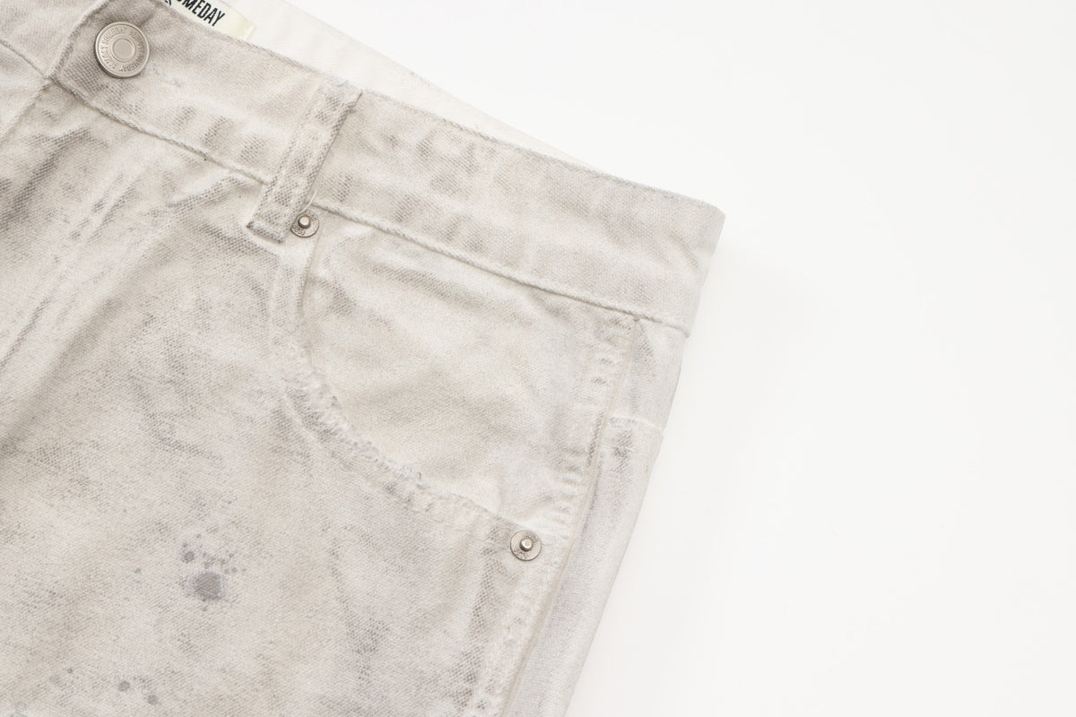Spade Pants – Cream – Close-up of front pocket, belt loop, silver-tone rivets, and mottled cream fabric