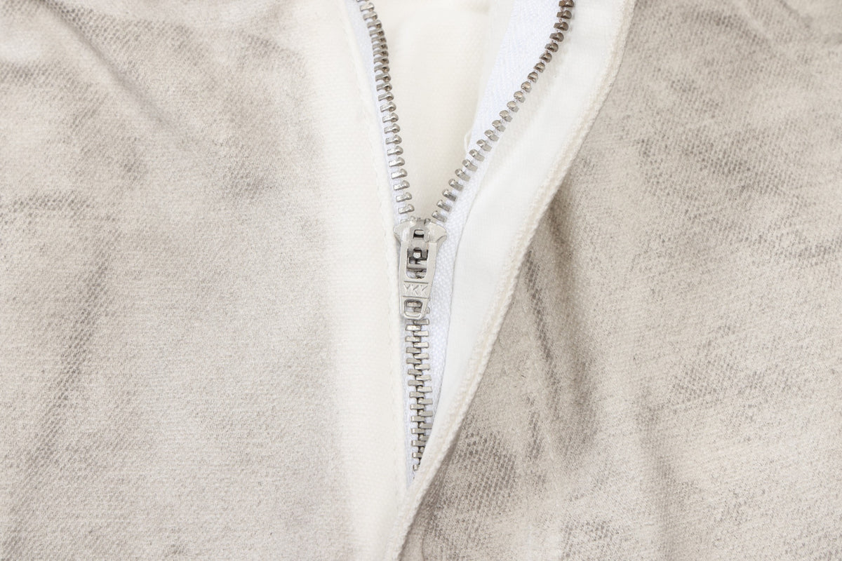 Spade Pants – Cream – Close-up of open YKK zipper fly and cream fabric texture